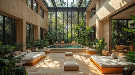 Fototapete - A spacious area showcases a pool surrounded by large windows, allowing sunlight to flow in. Soft furnishings invite relaxation amidst vibrant plant life, creating a peaceful escape.