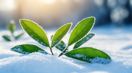 Poster - Green Leaves Emerging Through Fresh Snow in Winter Landscape