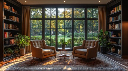 Poster - A cozy reading nook with two stylish armchairs positioned around a small table, overlooking a vibrant garden through expansive windows filled with warm sunlight.