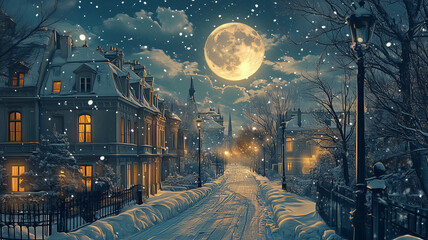 Shadows stretching over snow-laden streets bathed in moonlight, Moonlit Streets, Digital Graphic