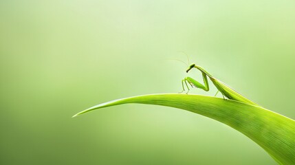 Wall Mural -  Grasshopper on green leaf with blurry sky
