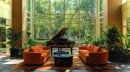 Aufkleber - A modern lounge area features a grand piano set against a backdrop of large windows. Bright orange sofas and a circular table enhance the inviting atmosphere filled with greenery.