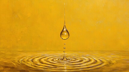 Wall Mural - Droplet of Water Creating Ripples on Yellow Background Surface