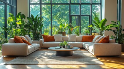 Aufkleber - A spacious living area features a contemporary sofa adorned with orange cushions. Natural light floods in through large windows, enhancing the tranquil green plants around the room.