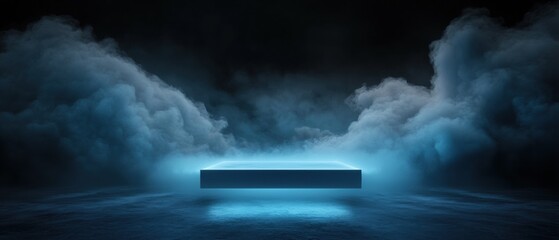 Wall Mural - A blue square is lit up in a dark room with smoke and clouds in the background