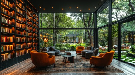 Aufkleber - A stylish reading nook features a cozy arrangement of gray and orange chairs, surrounded by floor-to-ceiling windows revealing a vibrant garden. Soft lighting creates a warm atmosphere.