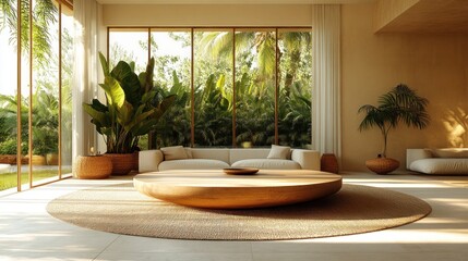 Wall Mural - Sunlit modern living room with large windows, wooden coffee table, beige sofa, and tropical plants.