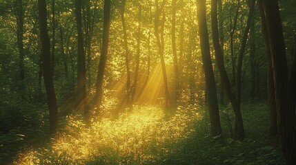 Wall Mural - A serene forest scene captured during golden hour, featuring sunbeams filtering through lush green foliage. The light creates a warm, ethereal atmosphere as it illuminates the undergrowth, revealing d