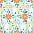 © Anisgott - Seamless Floral Pattern with Orange, Yellow, Pink, and White Flowers and Green Leaves on Light Blue Background