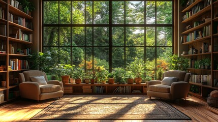 Leinwandbilder - In a warm and inviting space, two comfortable armchairs sit surrounded by shelves filled with books.