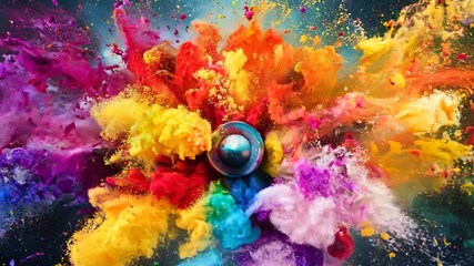 Colorful pigments exploding from a metallic sphere, creating a vibrant and dynamic visual