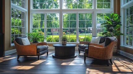 Poster - A cozy living room features two wicker chairs and a circular table, bathed in sunlight. Large windows showcase a tranquil garden filled with greenery, creating a peaceful atmosphere.