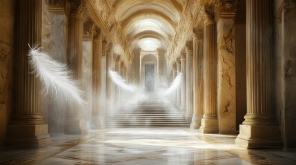 Heavenly passage of angel feathers sacred hall digital art ethereal environment divine viewpoint ornate gold concept