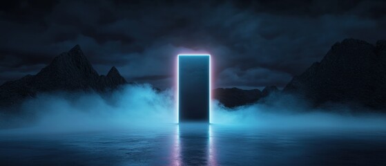Sticker - a glowing blue door is in front of a mountain range