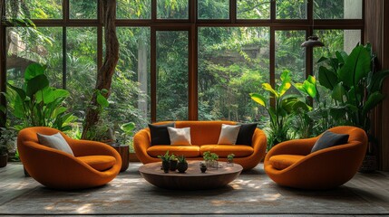 Poster - A stylish living room features vibrant orange sofas surrounded by lush plants and large windows, allowing sunlight to flood the space while creating a warm atmosphere.