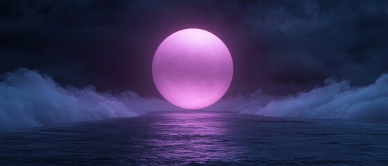 Wall Mural - A large, glowing, purple moon is floating in the sky above a body of water