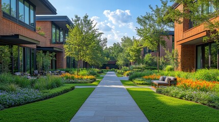 Poster - A serene pathway flanked by lush greenery and vibrant flowers connects modern residential buildings. The sun shines brightly in the clear sky, enhancing the peaceful atmosphere.