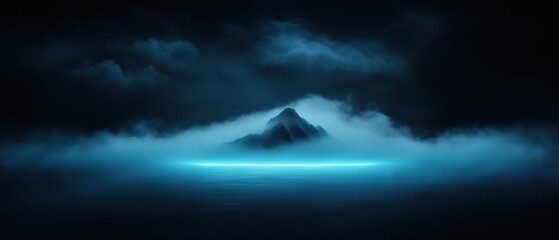 a mountain is surrounded by fog and the sky is dark