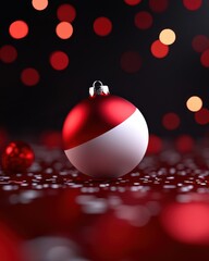 A festive red and white ornament on a glittering background of colorful lights.