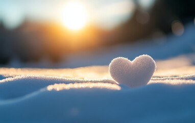 a snow heart resting on a snowy landscape, illuminated by a warm sun, symbolizing love and warmth in