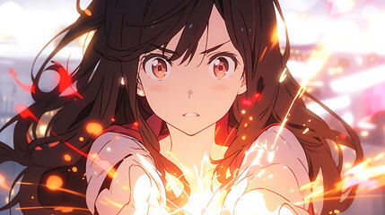 Wall Mural - A determined girl reaches out, surrounded by vibrant sparks and energy.