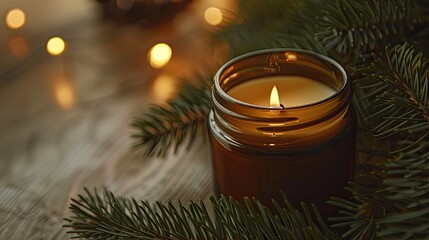 Canvas Print - Candle in a glass jar and forest pine tree branches 