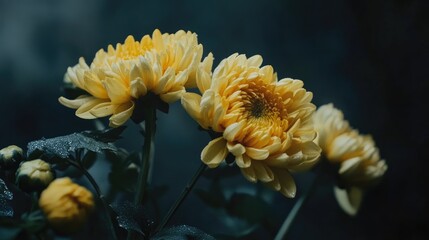 Poster - yellow chrysanthemum flowers in vibrant bloom captured in soft focus against a dark background showc