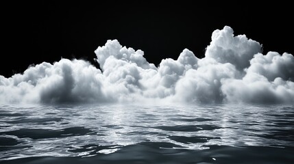 Wall Mural - elegant black background featuring fluffy white clouds over a reflective water surface ideal for sum