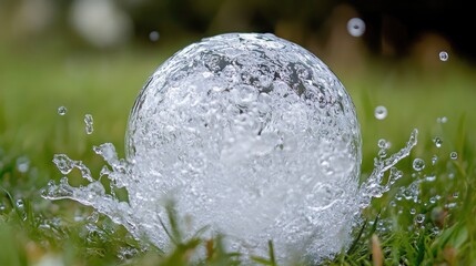 Wall Mural - transparent water bubble surrounded by splashing water on green grass in a natural outdoor setting