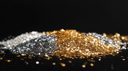 Wall Mural - shimmering gold and silver glitter pile on black background for celebratory themes