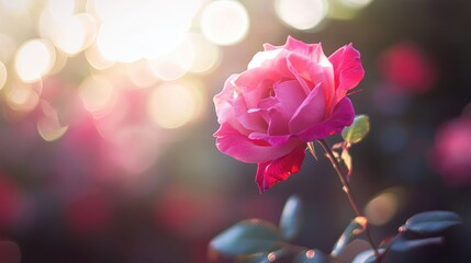 Poster - soft pink rose against a dreamy bokeh background of golden light creating a romantic and serene flor