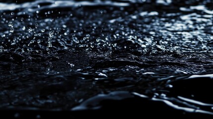 Wall Mural - water droplets splashing on dark surface with negative space and low angle perspective in artistic c