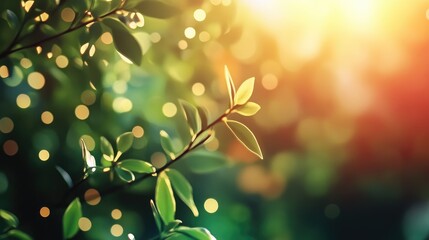 Wall Mural - soft bokeh background with green leaves and warm light for elegant nature or abstract designs