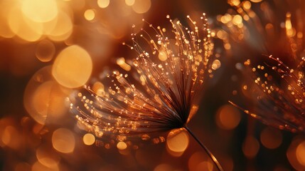 Wall Mural - golden bokeh background with delicate flower stem and sparkling light dots in warm tones ideal for c