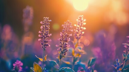 Wall Mural - colorful bokeh effect in nature with lavender flowers illuminated by warm sunset light creating an e