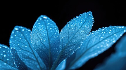 Wall Mural - macro shot of blue leaves with dew drops against a black background creating a serene bokeh effect f