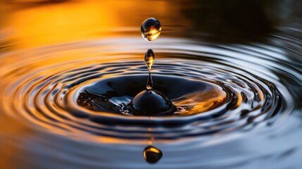 Poster - close up of a water droplet creating ripples on a calm surface with warm sunset reflections in a tra