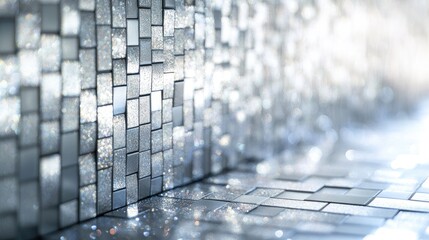 Wall Mural - abstract bokeh background of shimmering glitter mosaic wall tiles with reflections and soft focus fo