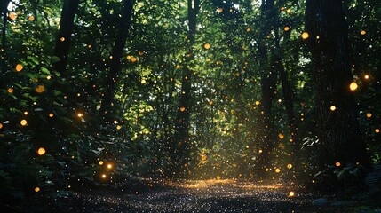Wall Mural - A serene forest scene illuminated by sparkling golden particles drifting through the air. The setting features tall trees surrounded by lush greenery, creating a dense, vibrant atmosphere. Sunlight fi