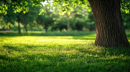 Wall Mural - serene bokeh backdrop featuring lush green grass and a textured tree trunk in soft sunlight through 