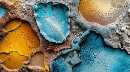 Wall Mural - Abstract macro shot of textured blue brown and yellow mineral formations against a rugged stone backdrop showcasing intricate details and patterns