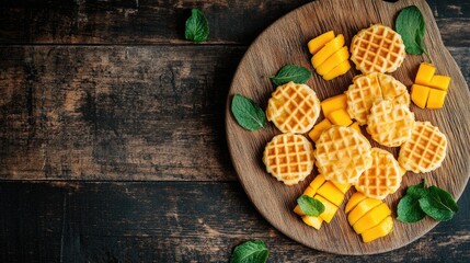 Wall Mural - Mini waffles served with fresh mango pieces on a rustic wooden cutting board garnished with mint leaves. Perfect for a delicious breakfast.