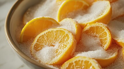 Canvas Print - Citrus slices soaking in sugar for preservation and flavor enhancement in a rustic bowl on a marble countertop.