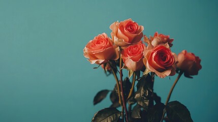 Poster - lovely pink roses in full bloom set against a soft blue background