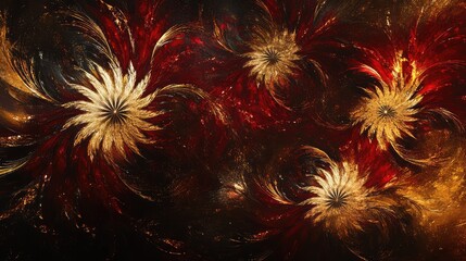 Poster - Golden and red abstract fireworks exploding in a swirling, dynamic pattern on a dark, festive background.