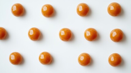 Canvas Print - Caramel Candies Arranged Symmetrically on a Clean White Background for Sweet Treat Photography