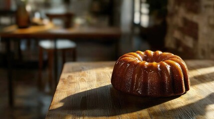 Canvas Print - Glazed bundt cake displayed on rustic wooden table in cozy kitchen setting with warm lighting