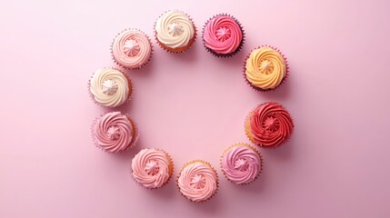 Canvas Print - Colorful assortment of beautifully frosted cupcakes arranged in a circular pattern on a soft pink background