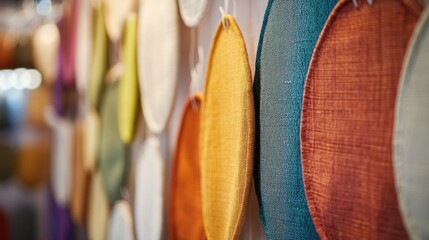 Wall Mural - Colorful circle fabrics displayed on a wall with white strings creating a soft focus effect in a textile showroom interior design setting