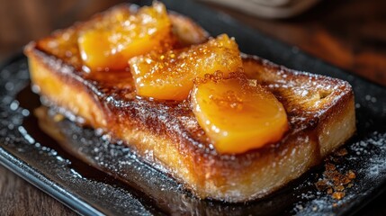 Canvas Print - Caramelized sugar toast topped with golden brown jam and sweet fruit slices on a black plate with powdered sugar garnish